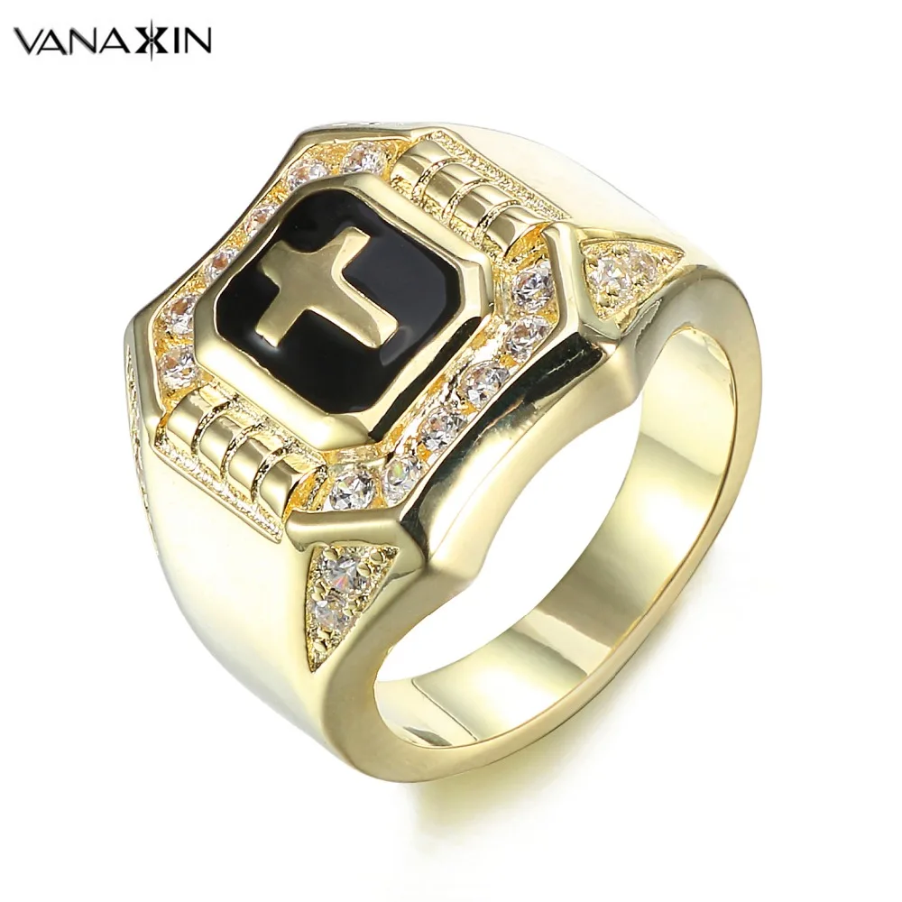 VANAXIN Black Cross Ring for Men Religious Christian Brass Jewelry Gold
