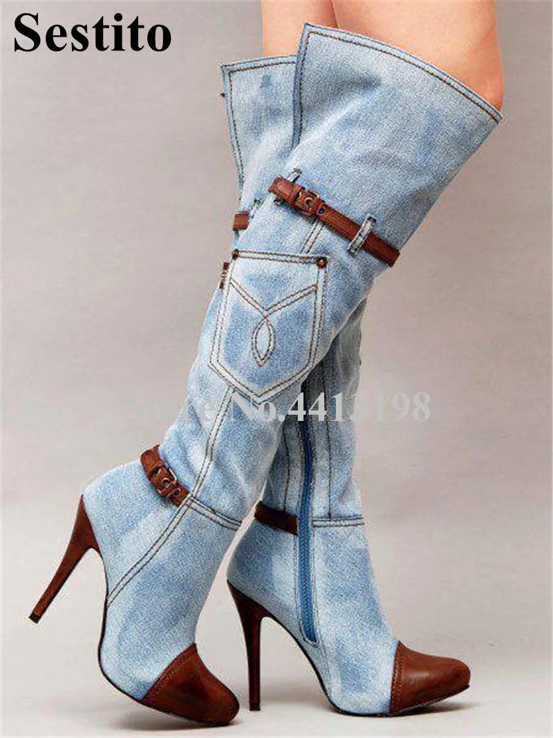 

New Fashion Denim Patchwork Zip Woman Boots Round Toe Knee-High Boots Women Super High Thin Heels Buckle Long Boots Women Shoes