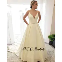 Элегантное Белое Атласное длинное свадебное платье с открытой спиной на тонких бретельках с хрустальным поясом с коротким шлейфом
