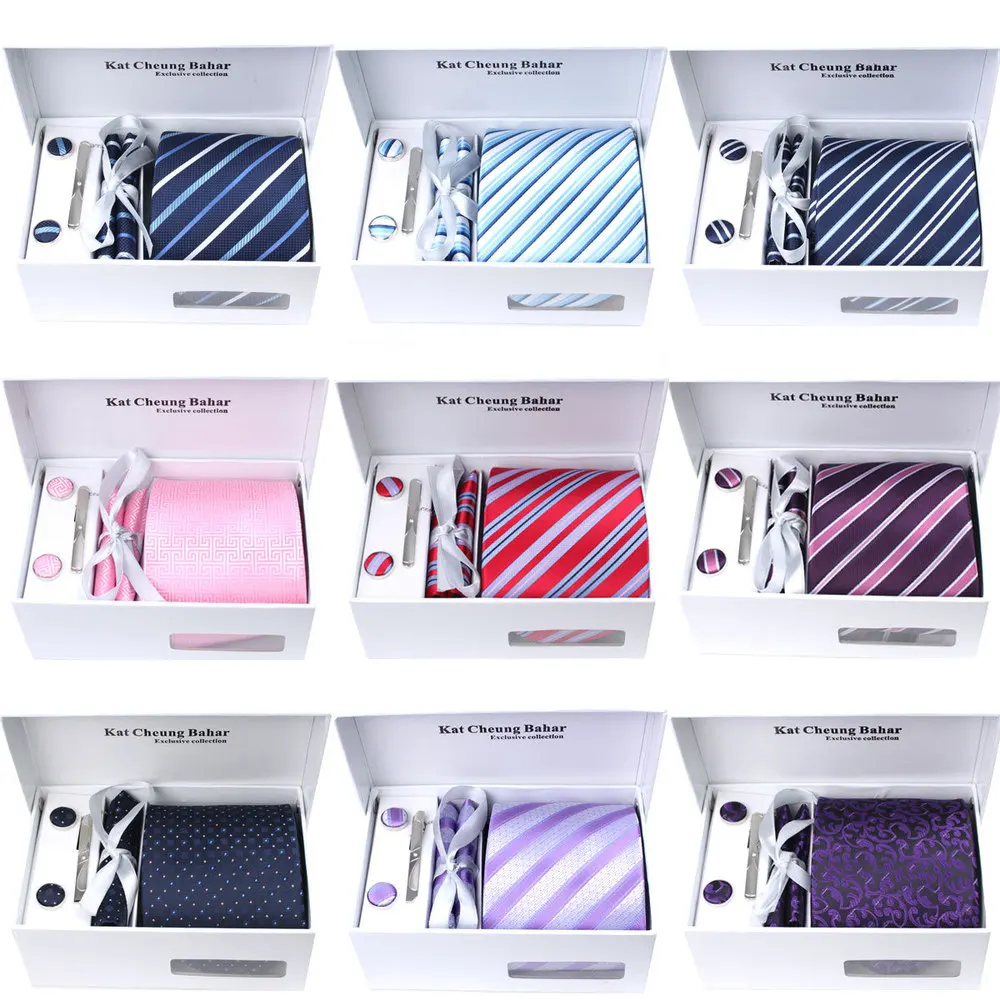 GIFT Wholesale men's polyester ties set including 1 Tie + 1 cufflinks + 1 tie clip+1 hankie+1