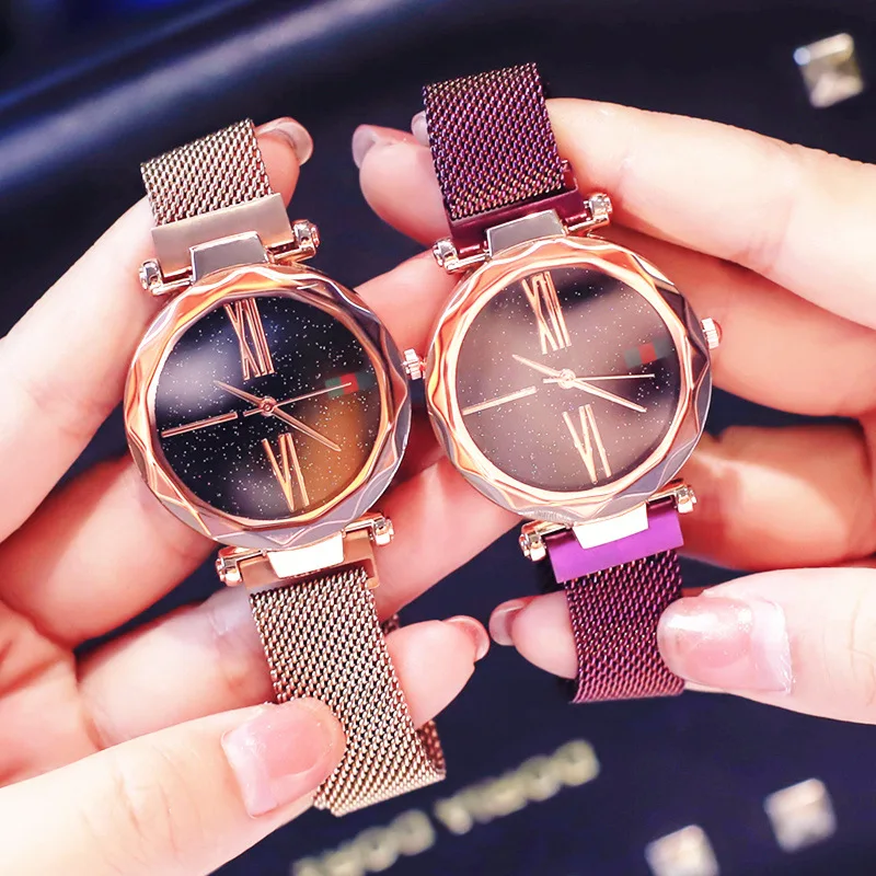 

2019 Hot Sale Starry Sky Watch Women's Luxury Magnetic Magnet Buckle Quartz Wristwatch Geometric Surface Female Luminous Watches