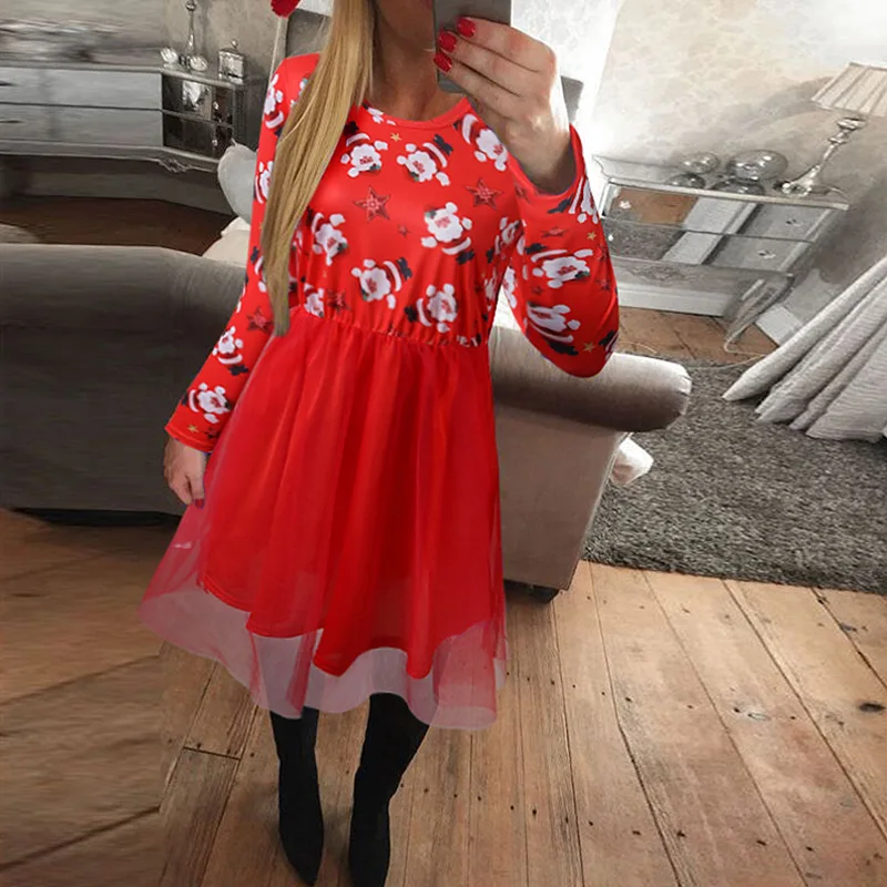 

New Arrival Women Christmas Print Fashion Long Sleeve Patchwork Mesh Dress Autumn Winter Street Slim Lady Party A-Line Dress