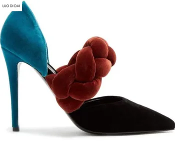

2020 New women velvet high heels thin heel mix color pumps party shoes thin heel point toe pumps dress shoes thick rope shoes