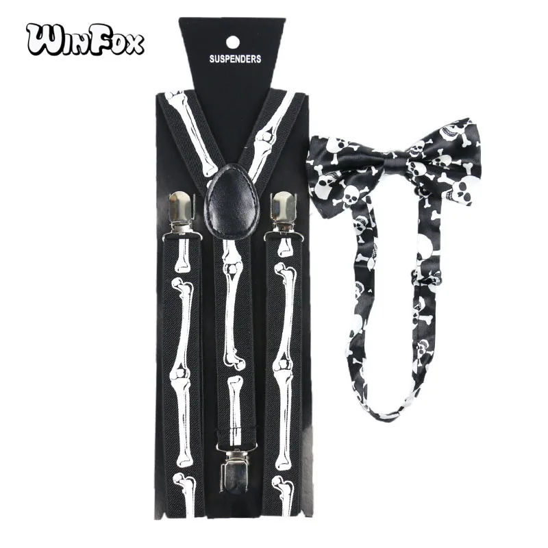 Winfox Винтаж Черный, белый цвет Череп кости подтяжки для женщин галстук бабочкой Brace подтяжки галстук бабочка комплект для мужчин