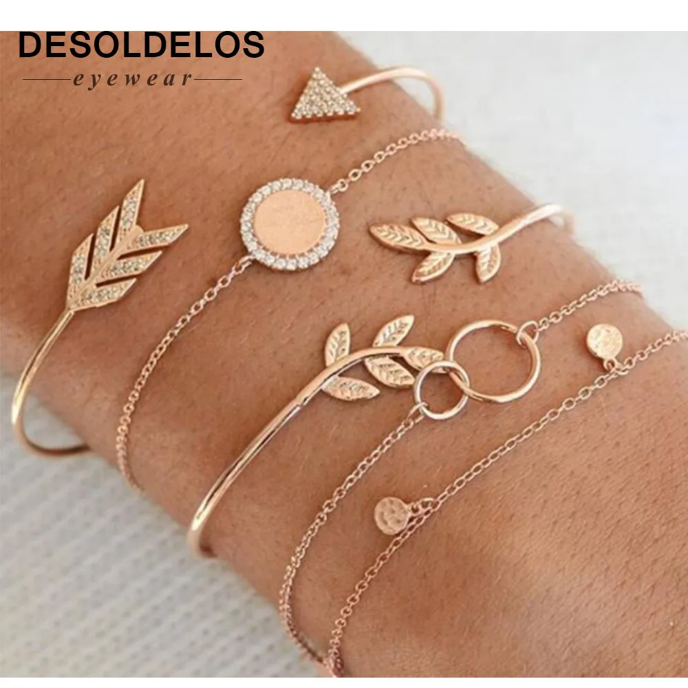 

5PCS/set Bohemian Arrow Leaves Round Charm Bracelets For Women Girls Crystal Gold Chain Bracelets Sets Jewelry Gifts