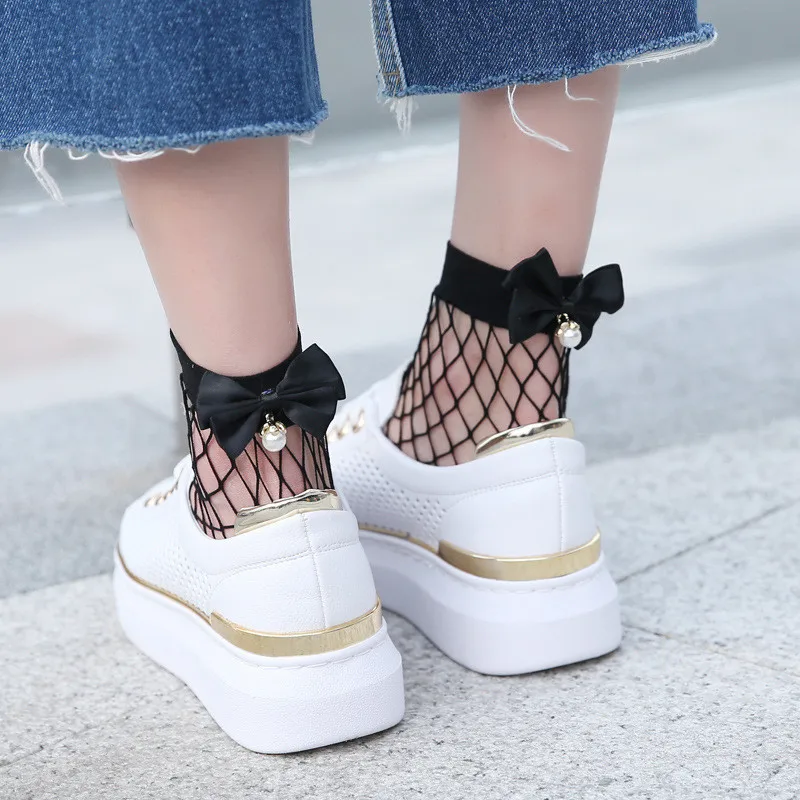 Летние носки для женщин, одноцветные носки длиной по щиколотку в сеточку с рюшами, кружевные короткие носки в сеточку M#6 - Цвет: Black