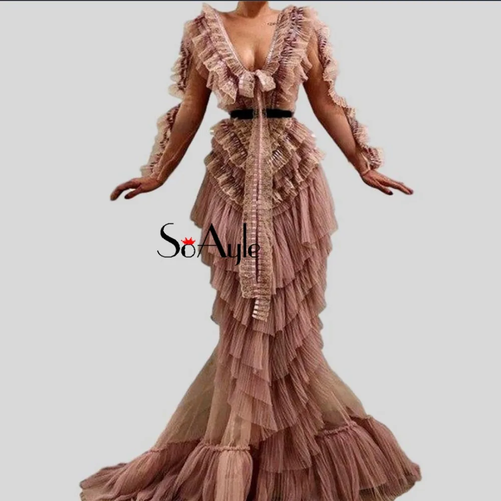 SoAyle Evening Dresses Deep V-Neck Mermaid Prom Dresses for Women Lace Long Sleeves Ruffles Tiered Robe de Soiree New Design SoAyle Evening Dresses Deep V-Neck Mermaid Prom Dresses for Women Lace Long Sleeves Ruffles Tiered Robe de Soiree New Design