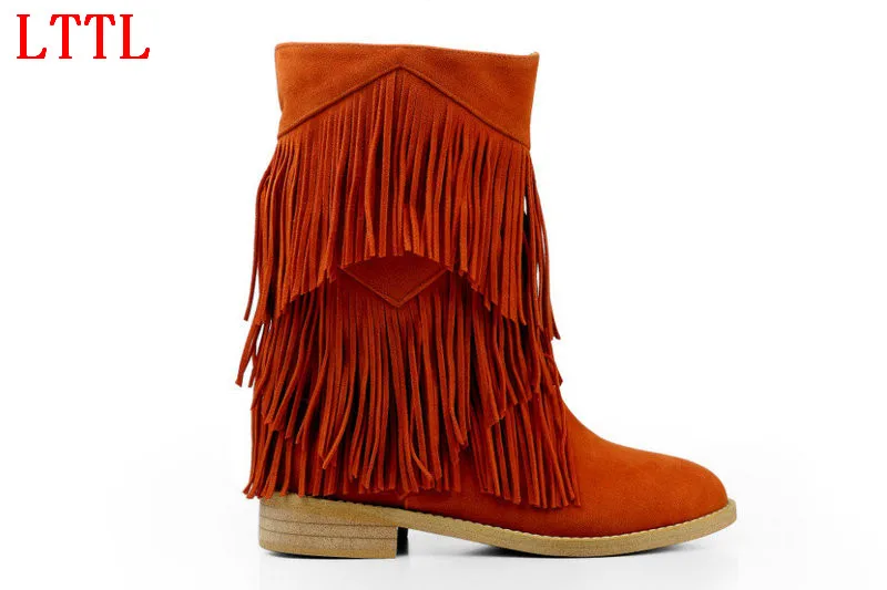 Women Autumn designer boots mid-calf med high chunky heels round toe fringe design slip-on platform women tassel shoes brown