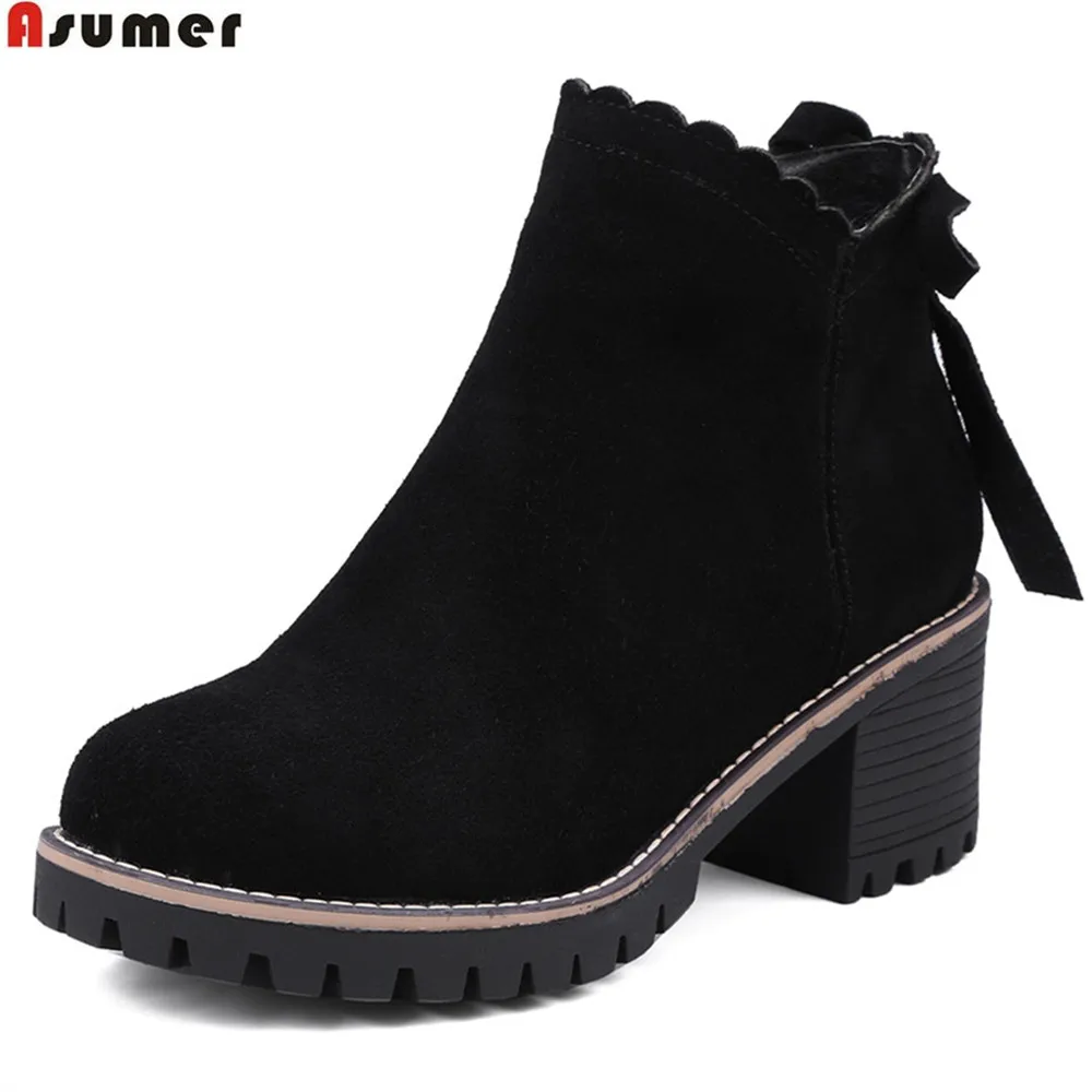 

ASUMER fashion autumn winter women boots black cow suede round toe zipper square heel ladies boots butterfly knot ankle boots