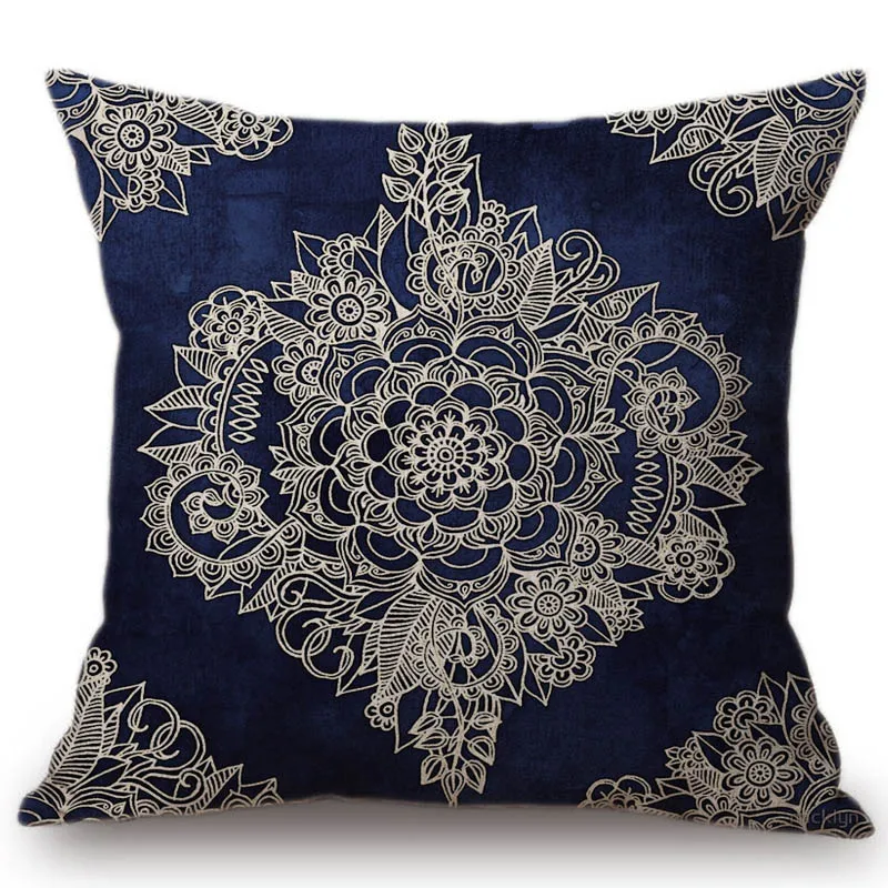 الملكي الأزرق الداكن الزهور morrocca نمط مكتب صوفا ديكور رمي غطاء وسادة وسادة تغطي تصميم هندسي زهرة ماندالا