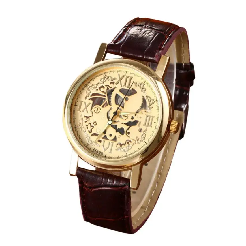 

Watches Men Montre Homme Brown Leather Band Watches Men Mechanic Gold Wrist Quartz Wristwatches Dropship 18JAN16