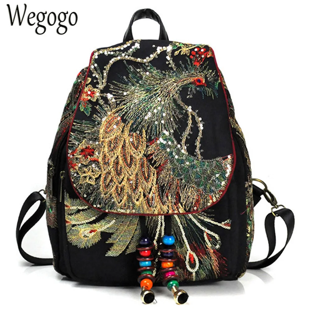 New Vintage Women Backpack Embroidery Peacock Sequin Rucksack National