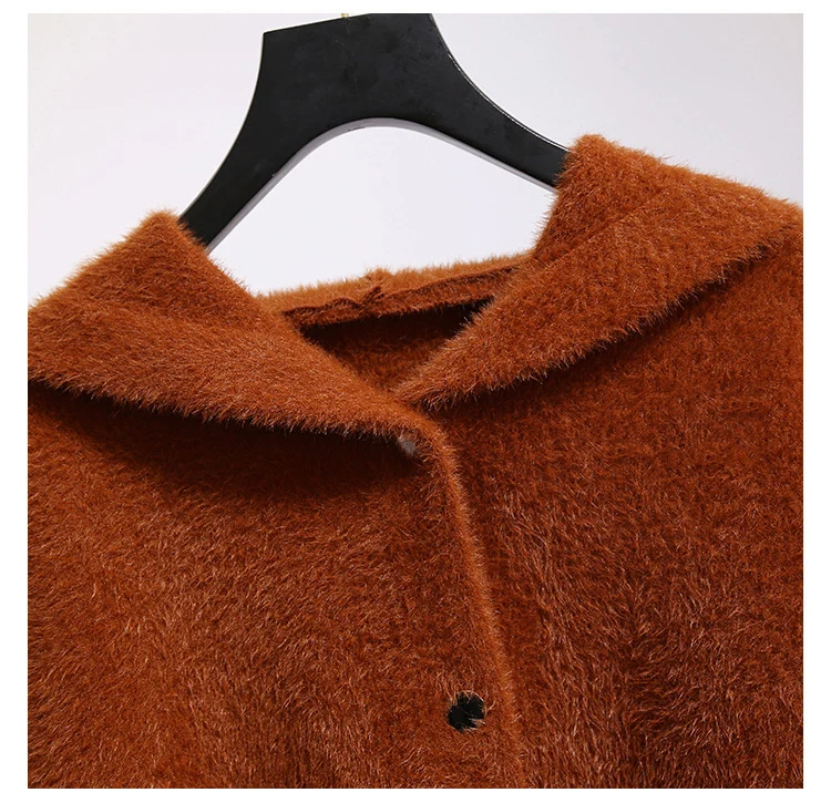 Осенний женский модный искусственный свитер кашемир с норкой кардиган женский с капюшоном Теплый однобортный Трикотаж Вязанное пальто C4