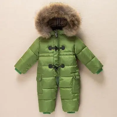 Зимняя одежда для новорожденных, комбинированный пуховик, утолщенные комбинезоны с натуральным мехом для маленьких мальчиков и девочек, зимний костюм для детей 0-3 лет - Цвет: Зеленый