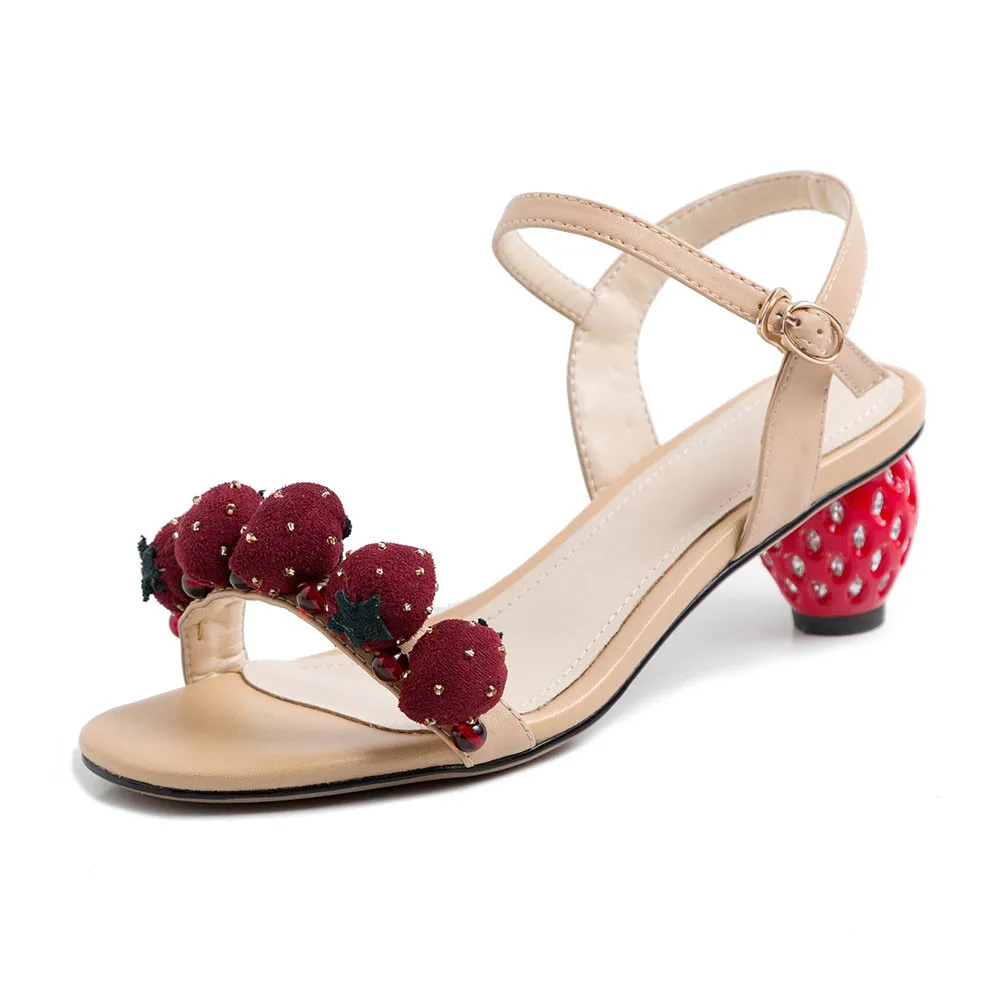 

RIBETRINI New Fashion women's Genuine Cow Leather Ladies Sweet Strawberry Heels Shoes Woman Casual Party Summer Sandals 2019