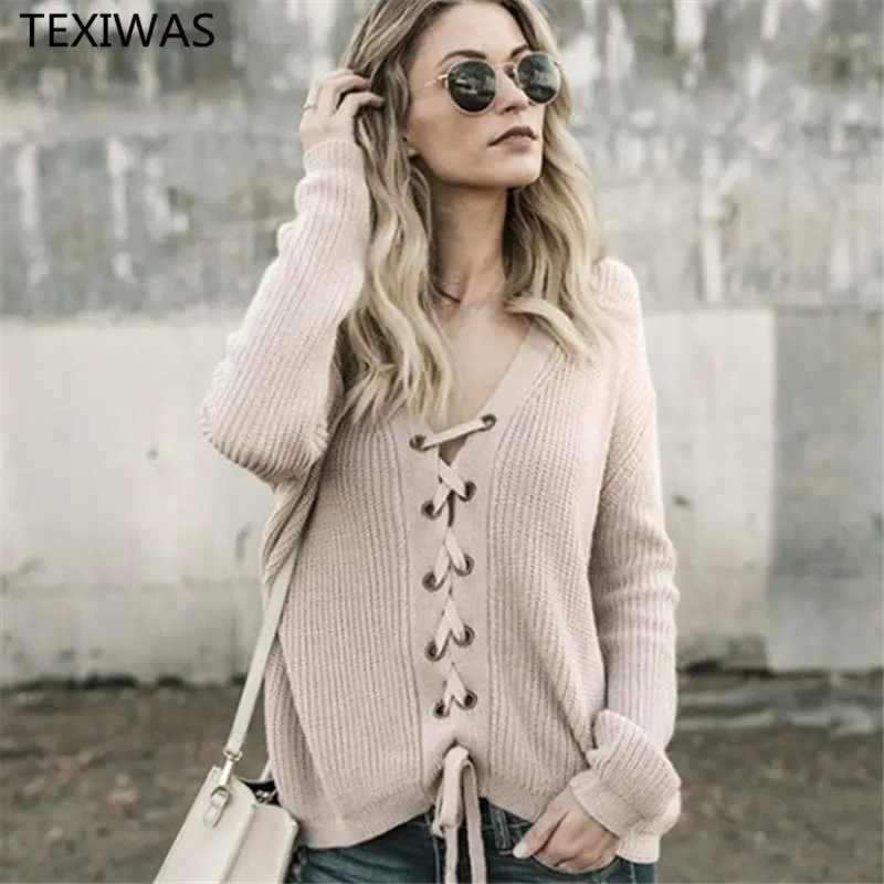 

TEXIWAS 2019 Fashion Loose Cross Bandage lace up Sweater Women Sexy V-neck Knit Pullover sweater Female Tops jumpers sweaters