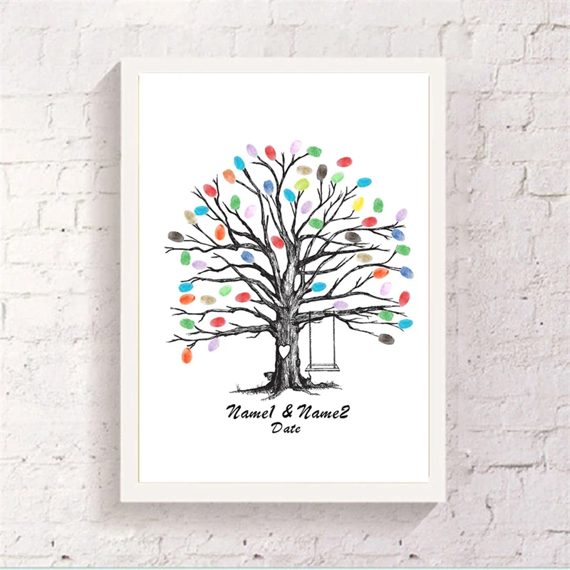 Us 7 49 40 Off Delicate Tree With Swing Friend Fingerprint Signature Book Canvas Customized Guest Attendance Unique Wedding Art Poster Souvenir In