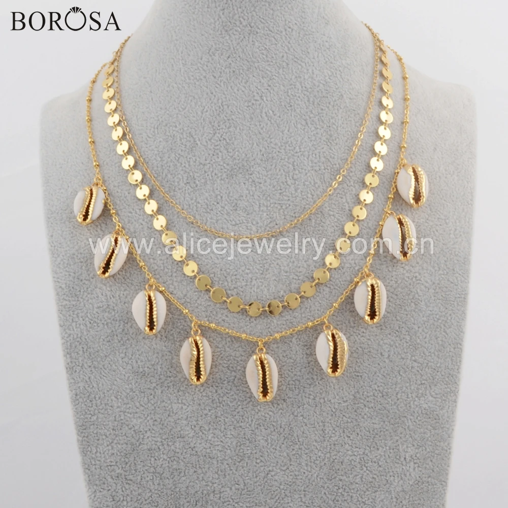 

BOROSA 2PCS Gold/Silver Color Trim Natural Cowrie Shell Beads Three Layer Chains Necklace Jewelry G1736