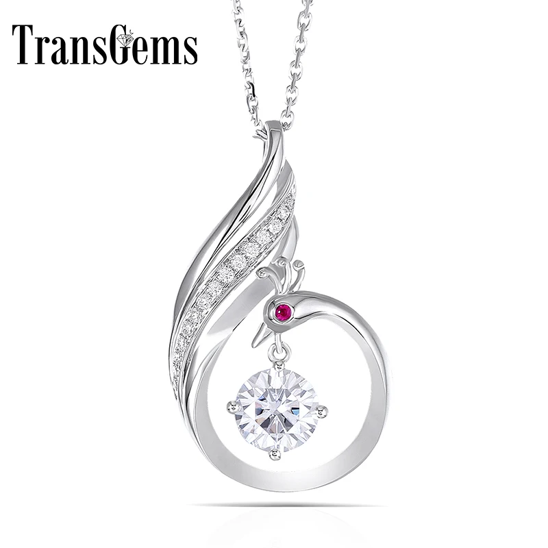 

TransGems Solid 14K 585 Whtie Gold 1 Carat F Color Moissanite Slid Pendant Phoenix with Moissanite and Ruby Accents for Women
