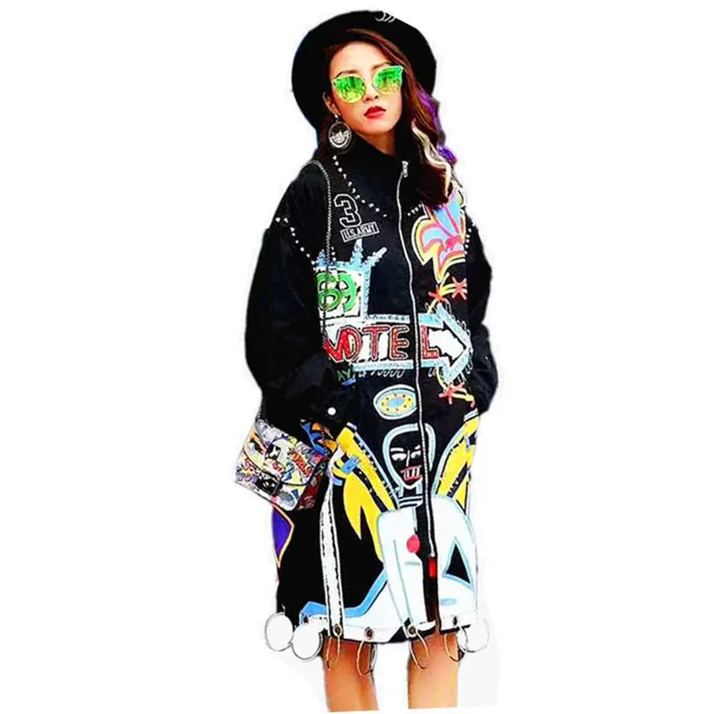 

2017 New Arrivals Oversized Punk Jacket black Army Green Spring Women Long Print Coat
