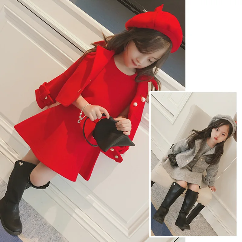 Children's clothes 2018 spring and winter style infant baby kids clothing sets girls wool coat and dress and hat 3pieces jackets