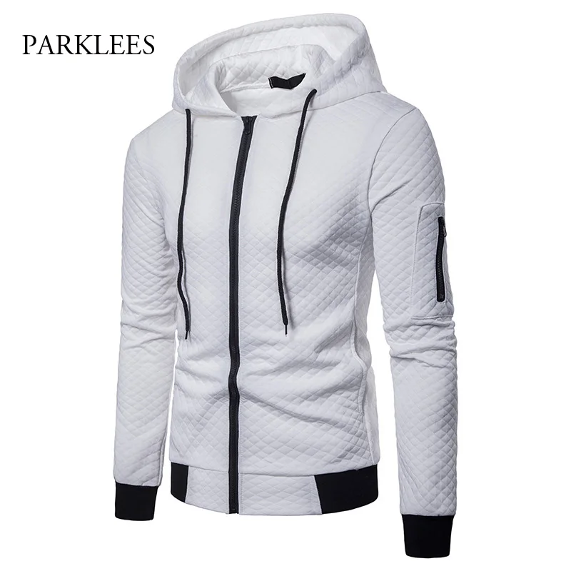 Brand White Hoodie Men 2018 Fashion Plaid Zipper Slim Fit Cotton