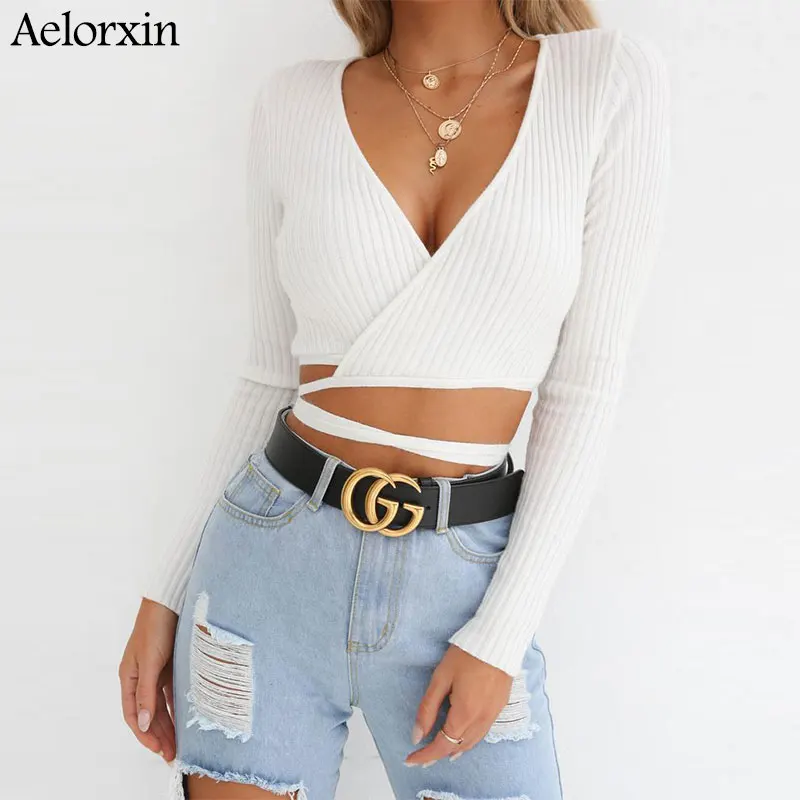

Hot autumn/Winter sexy POLO collar long sleeve cross strap pit sweater knitted blouse female winter dress lady sweater
