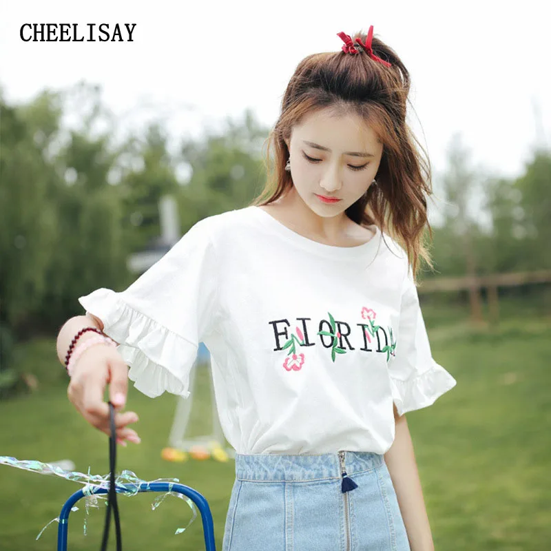 

factory sale embroidery white Basic T-shirts Summer Simple Korean Style print lovely flare sleeve t shirt Causal loose girl tops