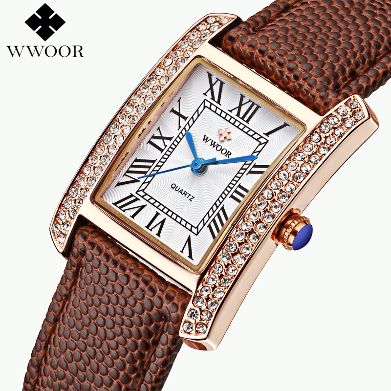 

WWOOR Brand Women Watches Rectangle Genuine  Quartz WristWatch Leather reloj mujer Luxury Dress Ladies Rose Gold  Watch