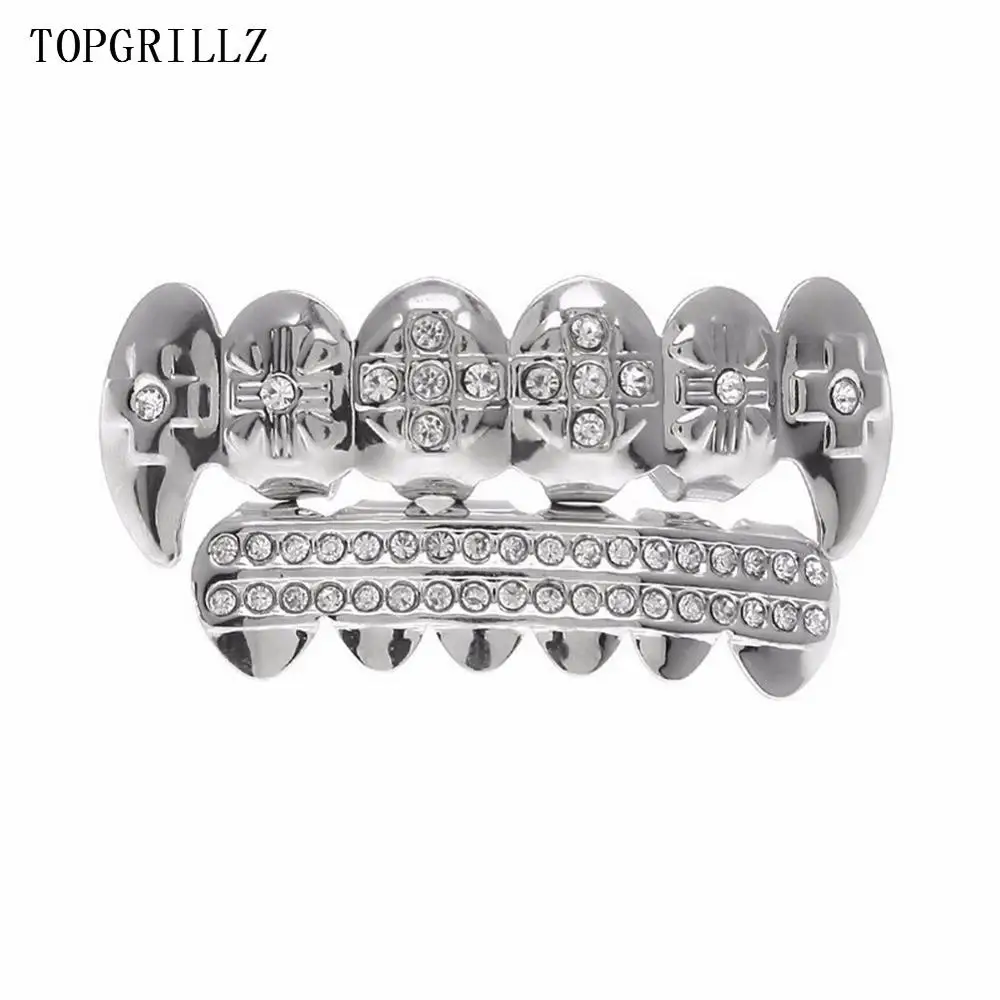 TOPGRILLZ Настоящее розовое золото цвет покрытием ICED OUT CZ зубы GRILLZ крест сверху и снизу зуб шапки Хип Хоп Bling Золотые грили - Окраска металла: Silver Set