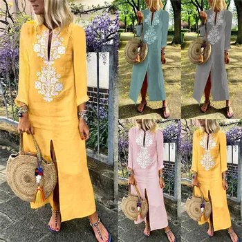 

Women Vintage Long Sleeve Cotton Linen Maxi Shirt Dresses Spring Autumn Casual Vestido Loose Streetwear Women Clothing Plus Size