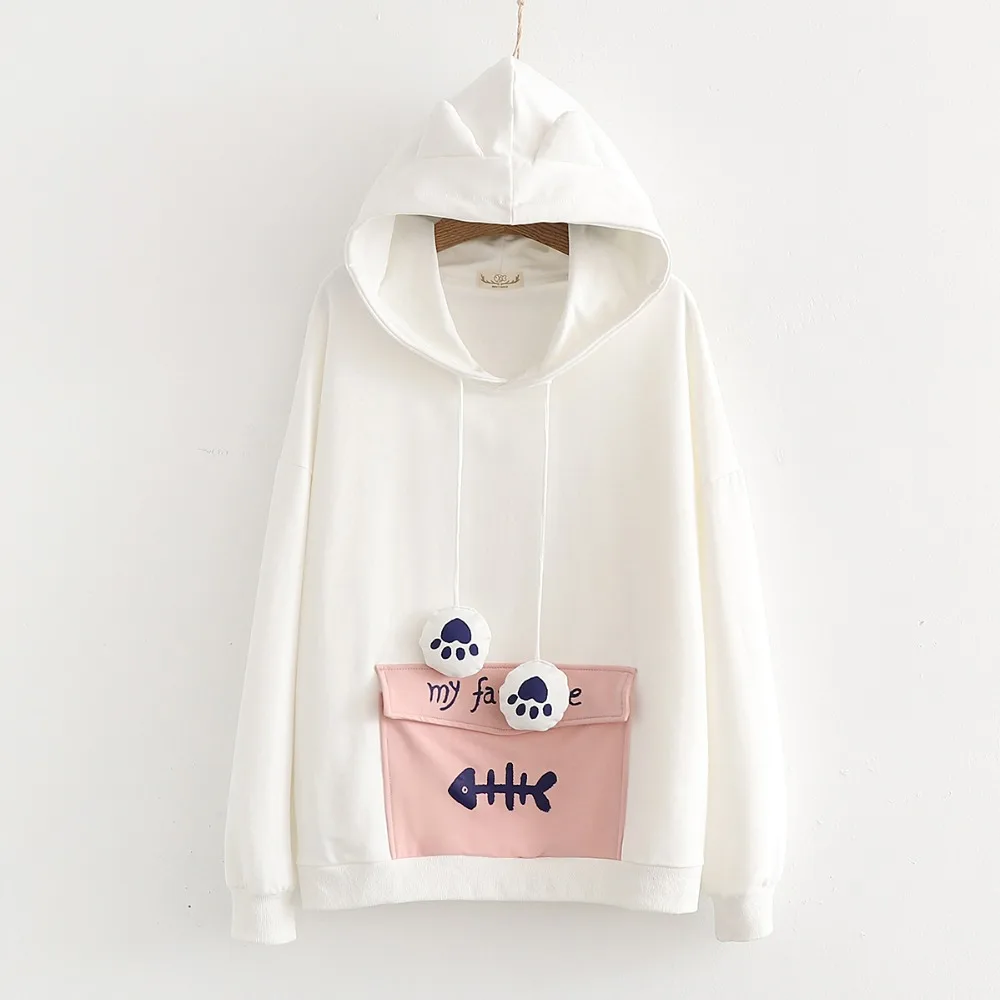 

2018 spring Student fishbone print ear hooded Cute sweatshirt mori girl pullover