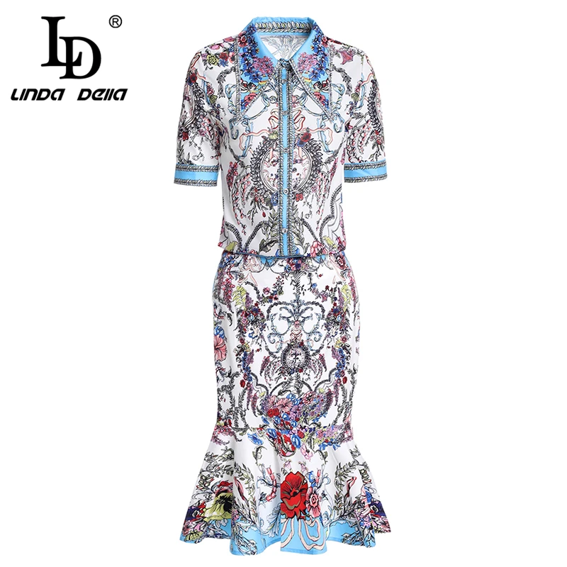 

LD LINDA DELLA New Fashion Runway Two Pieces Set Women's Short Sleeve Blouses and Vintage Floral Print Skirt Set Suit