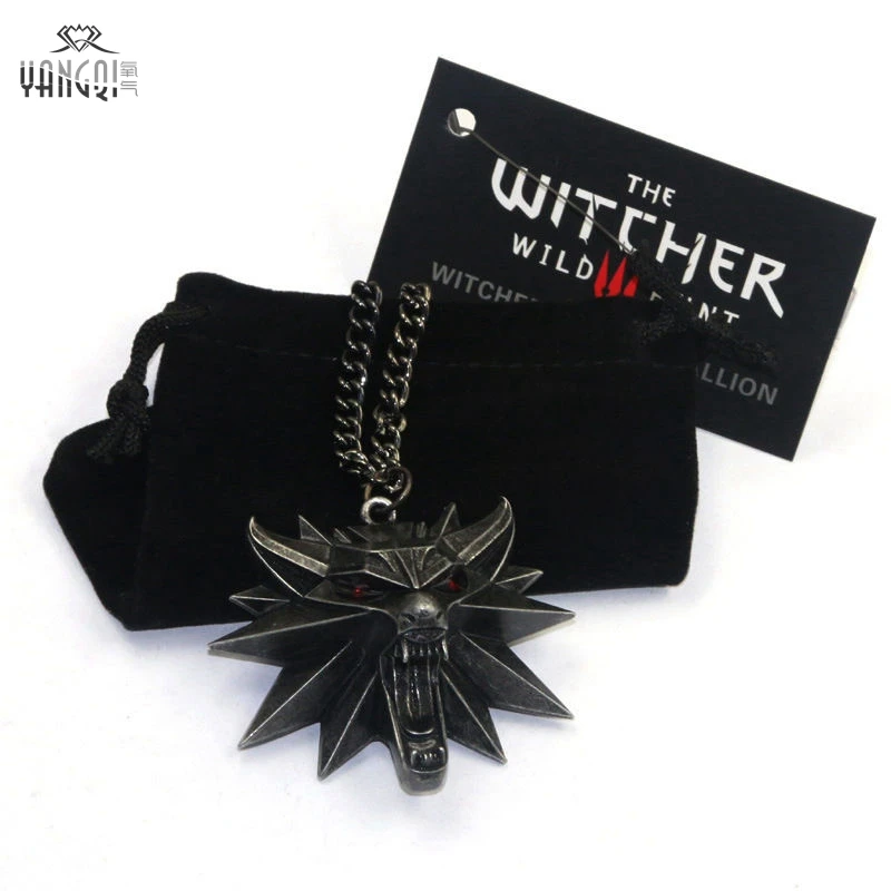 

On Line Game The Witcher 3 Necklaces Wild Hunt Medallion Pendant and Chain Necklace for Men 1 Bag 1 Card Wolf Kolye