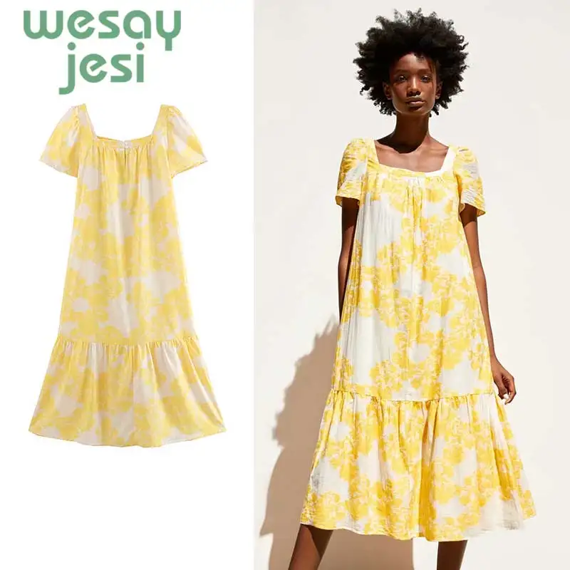 

New Fashion Bohemian Style Women Summer Casual Short Sleeve Bandage Yellow Evening Party Print Short women Dress