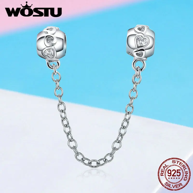 WOSTU 100% Стерлинговое Серебро 925 пробы De-lovely Heart Safety Chain Charm fit Beads Bracelet Necklace DIY Jewelry Making