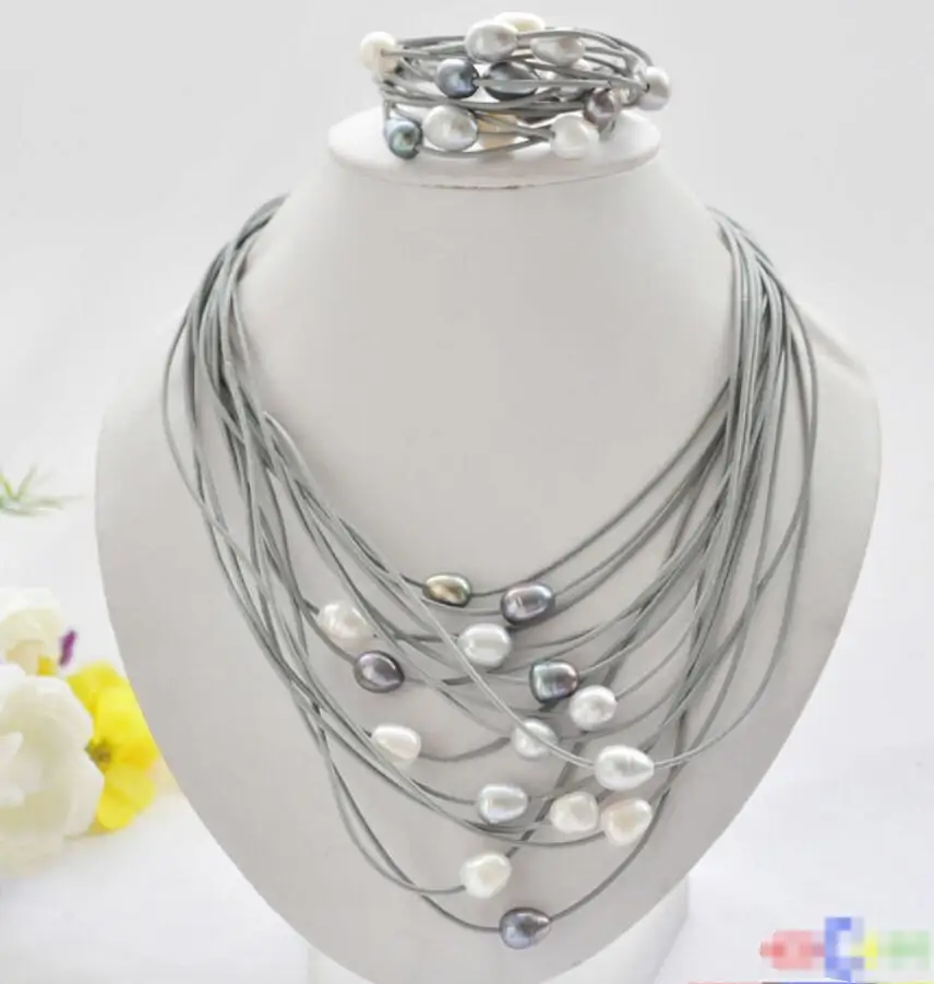 

Free shipping hot sale Women Bridal Wedding Jewelry >>15row 13mm black white gray rice pearl gray leather necklace & bracelet