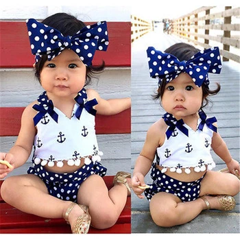 

3pcs Baby Girl Clothes Set Baby Anchor Tops+Polka Dots Briefs Summer Outfits Set Sunsuit Costume