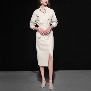 

Autumn Spring White PU Leather 2 Piece Set Women Long Sleeve Shirts + High Waist Midi Skirt Elegant two piece outfits