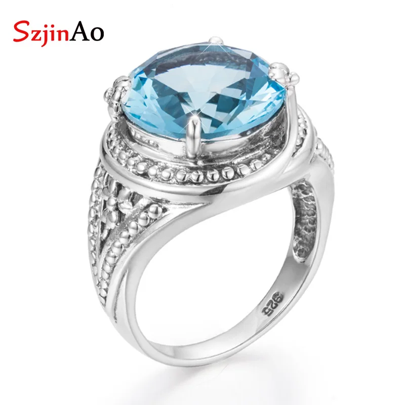

SzjinAo Charm Handmade 925 sterling silver Finger Rings Vintaga March Birthstone Aquamarine Ring Luxury Fine Jewelry wholesale