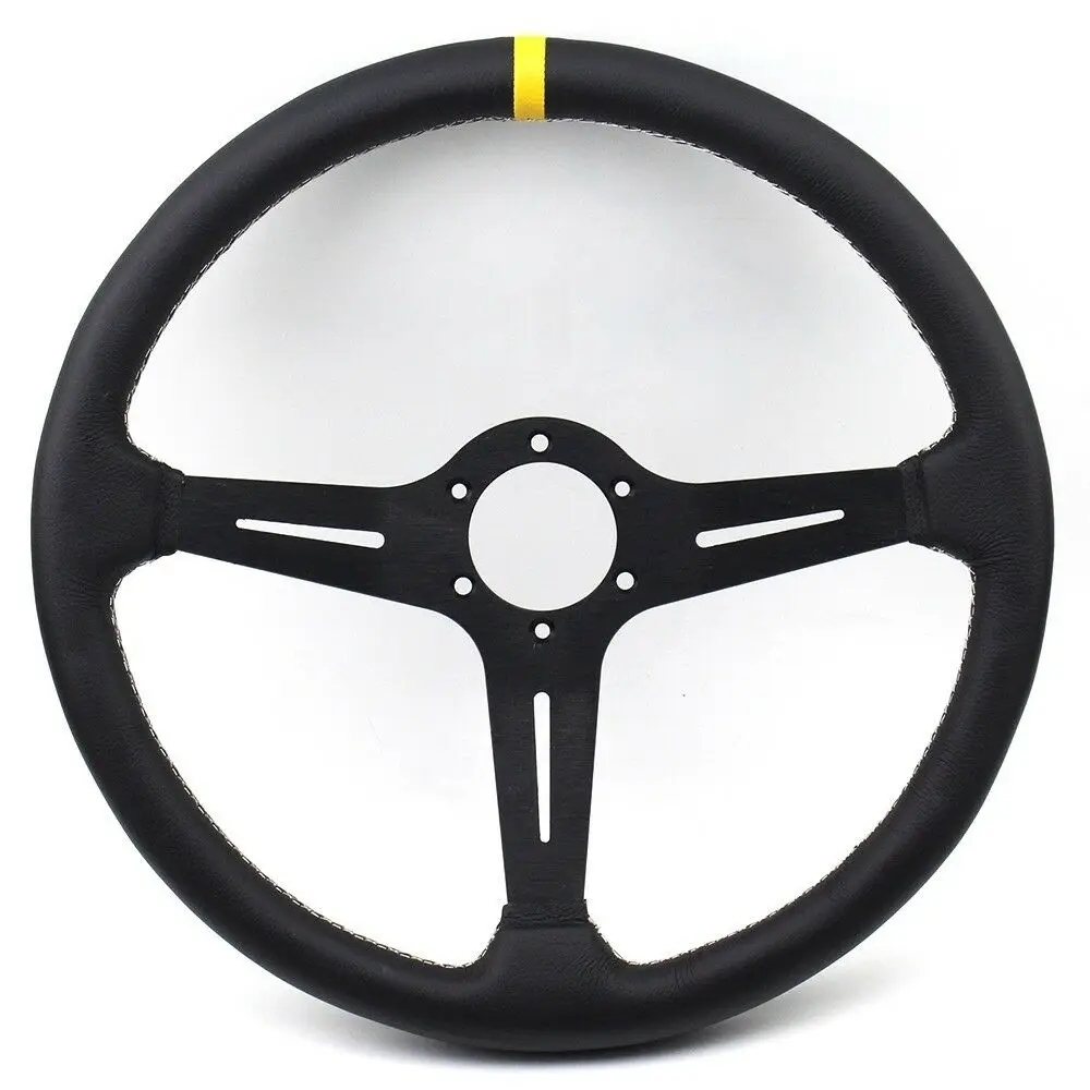 

15inch 380mm Black Flat PU Leather Yellow Strip Universal Fit Sports Racing Steering Wheel