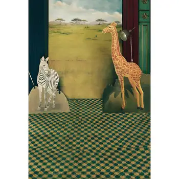 

children kids backdrop High quality Computer print Green Grassland Safari Zebra Giraffe Camera Checkers Grass backgrounds