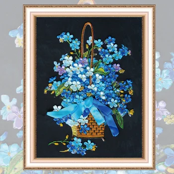 

DIY Ribbon Embroidery Blue Flower Basket Picture Canvas Decorative Painting Needlework Crafts Cross Stitch Kit Home Decor C-0229