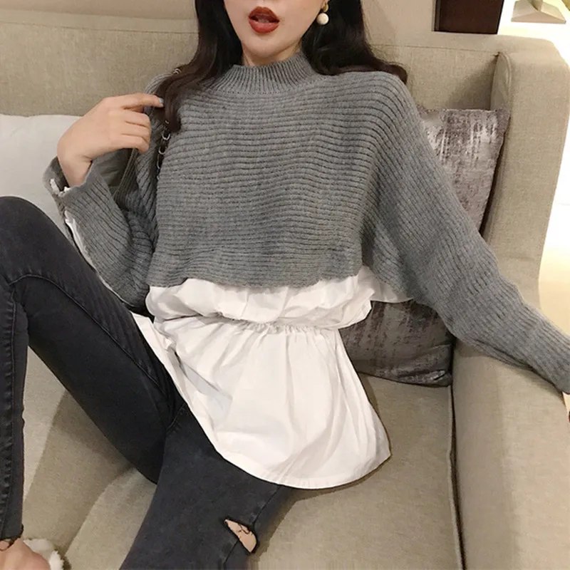 

2019 Autumn New Pleated Hem Fake two-piece Stitching Fake Two Piece Women Knit Bottoming Shirt Slim Batwing Sleeve Sweater