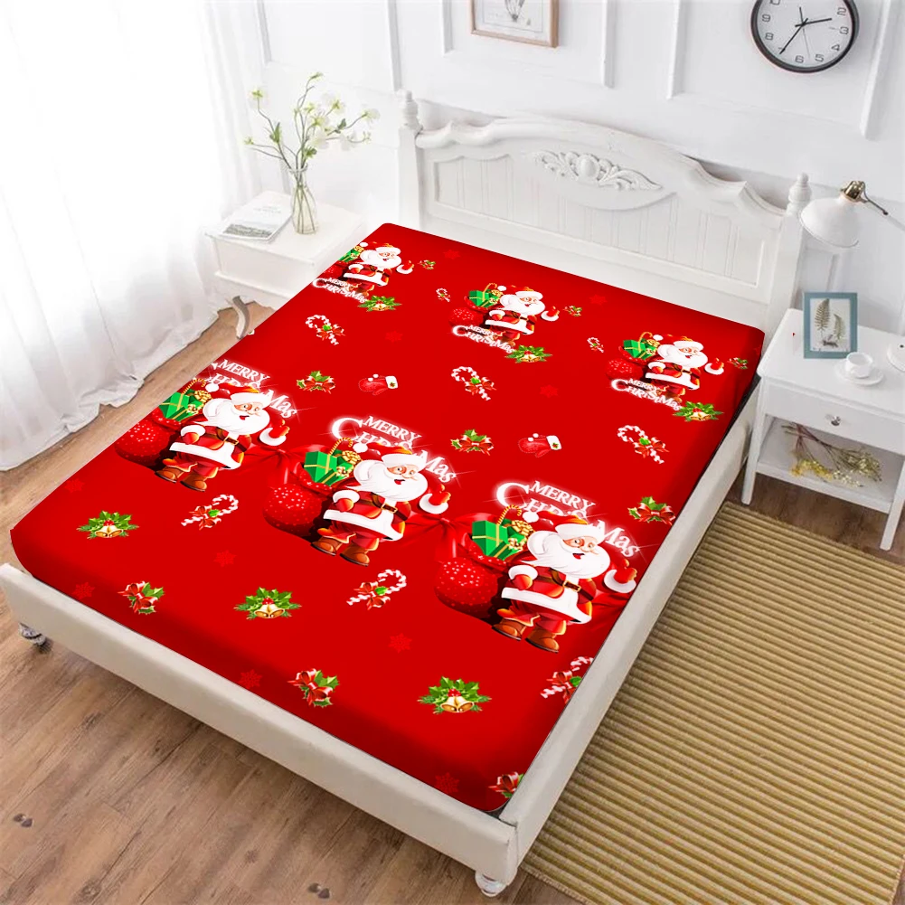 cheap Merry Christmas Bed Sheets Twin Full Queen King Fitted Sheet Cartoon Santa Claus Festival Gift Mattress Cover Elastic Band D25