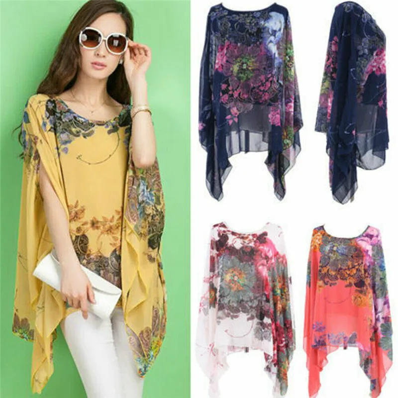 

2019 Summer Women Ladies Chiffon Blouse Top Batwing Sleeve T-shirt Loose Casual Tops Floral Print Bikini Cover Up Swimwear