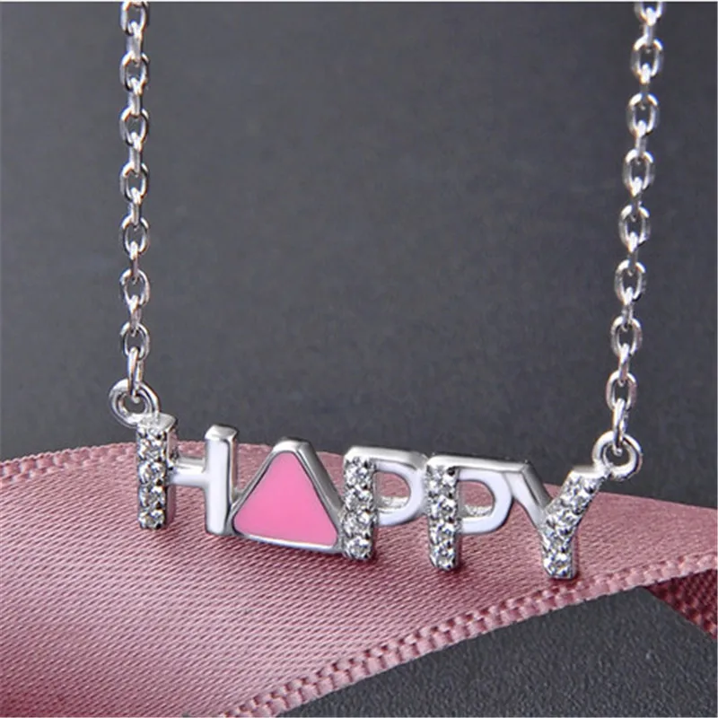 

free shipping HAPPY letter pink and white enamel CZ stone chain necklace as a gift for girlfriend/wife/femal/women