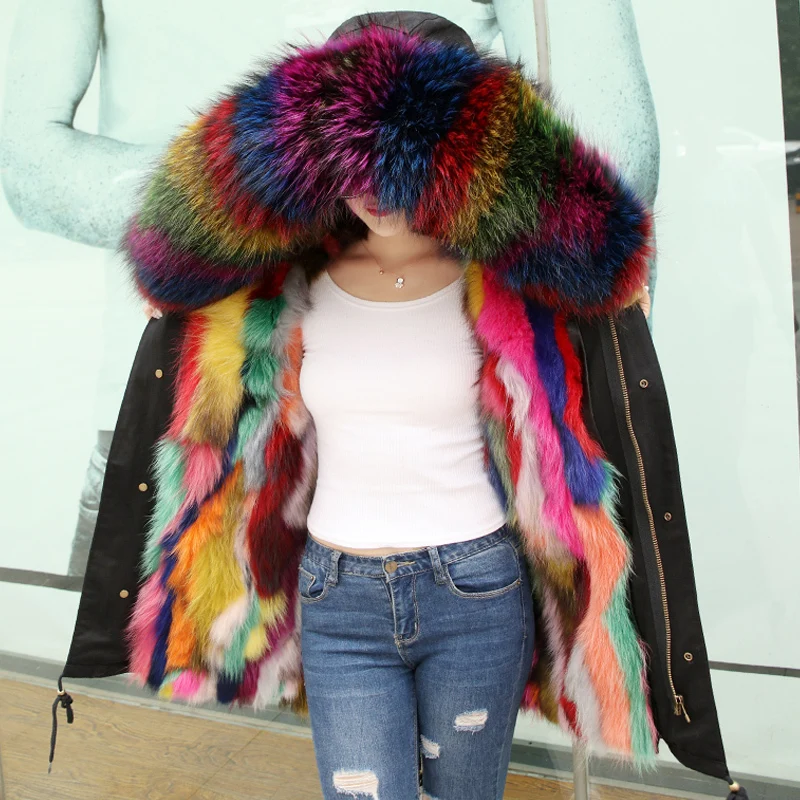 

TREND-Setter 2018 Winter Real Fur Jacket and Coat For Women Raccoon Fur Hood Jacket Casual Fur Lining Good quatily