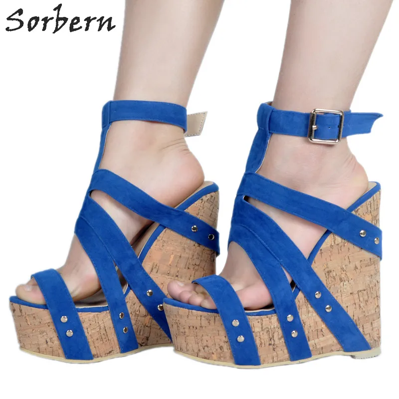 Sorbern Wedges Shoes For Women High Heel Platform Sandals 2017 Summer Open Toe Blue Size 34-47 Custom Available | Обувь