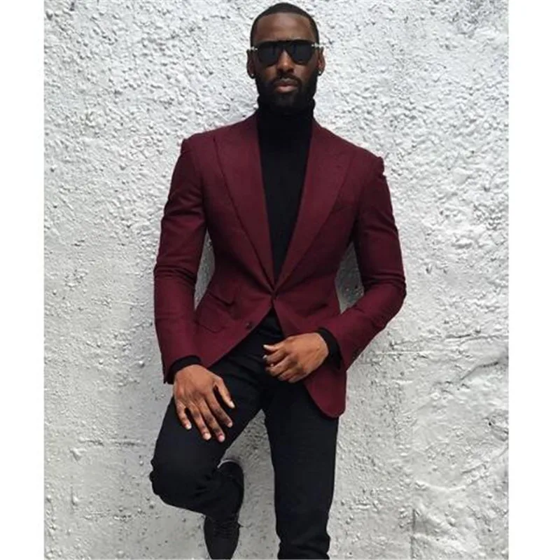 Burgundy Blazer Trousers Groom Tuxedo 